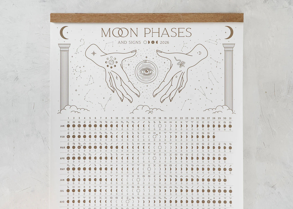 Top detail of Magic of I 2026 Moon Phases and Signs Calendar showing celestial artwork and zodiac hands