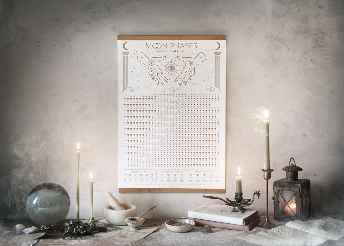 Full view of Magic of I 2026 Moon Phases and Signs Calendar styled with candles, books and crystals