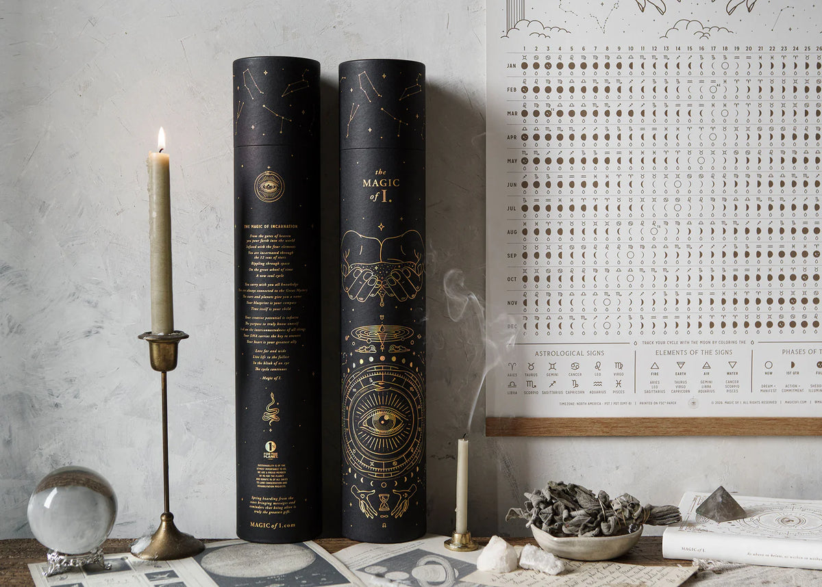 Magic of I 2026 Moon Phases and Signs Calendar with packaging tube and chart styled with candle