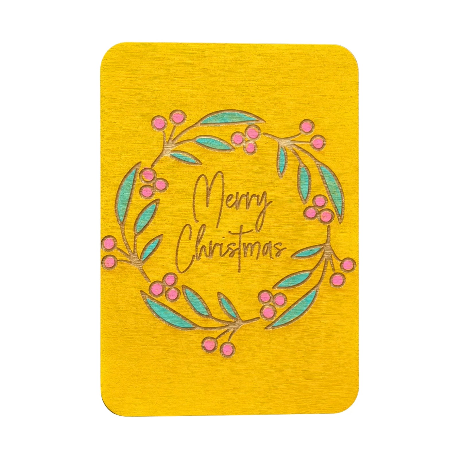 Merry Christmas Wreath wooden greeting card handmade in Australia with envelope and wooden stand