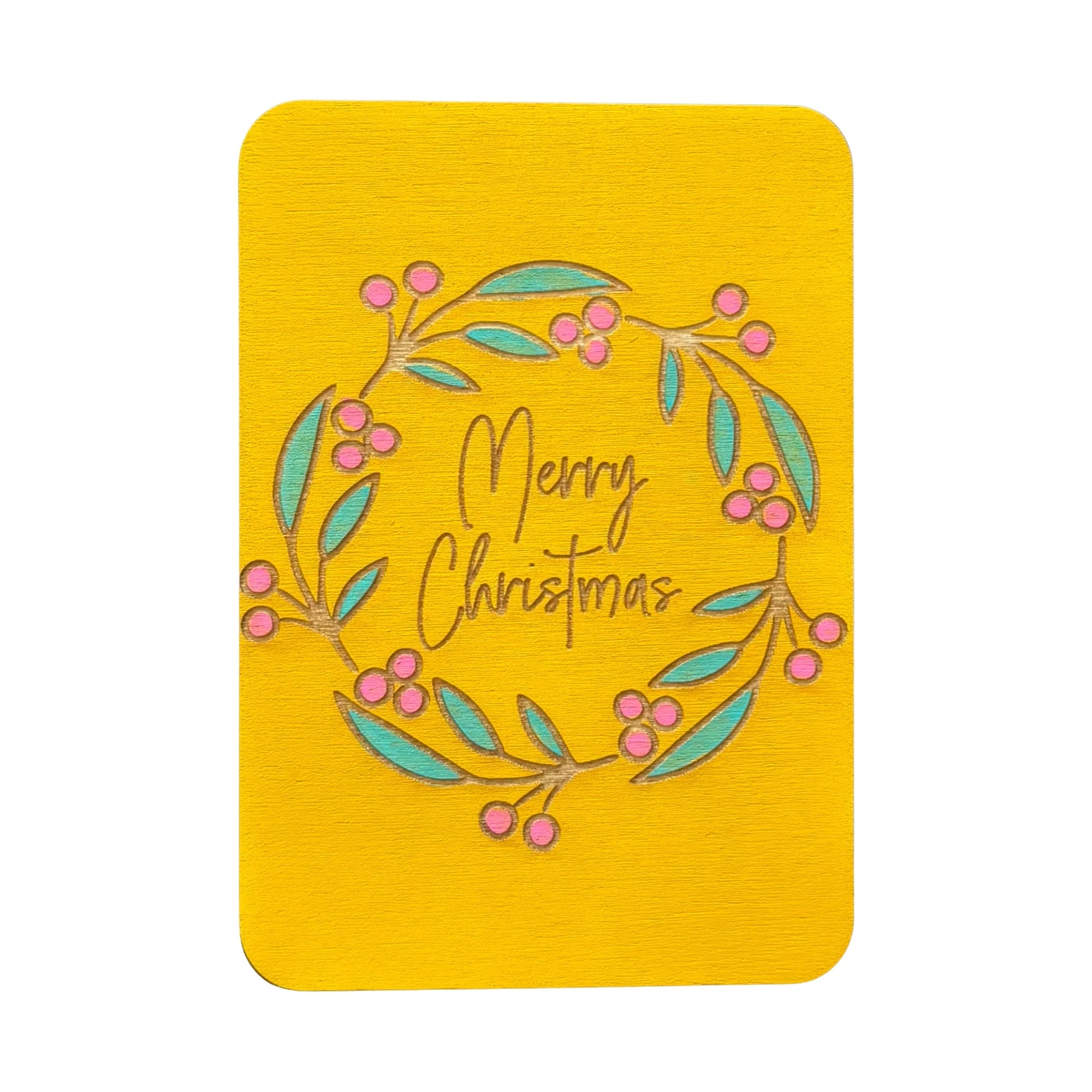 Merry Christmas Wreath wooden greeting card handmade in Australia with envelope and wooden stand