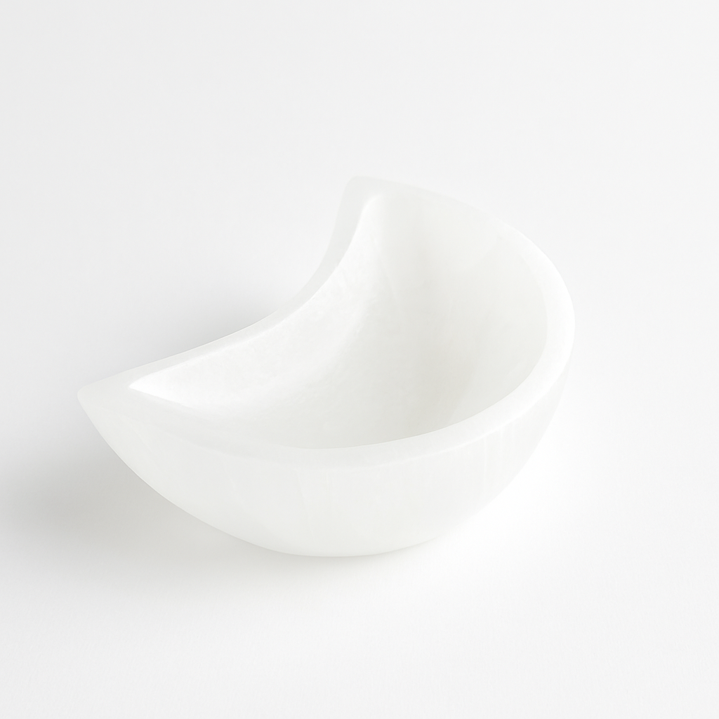 Mini Crescent moon selenite charging bowl on altar
