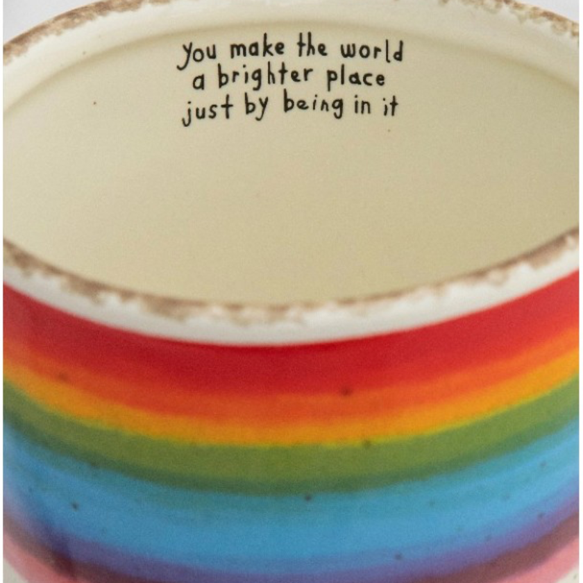 Ceramic mug with inner quote “You make the world a brighter place just by being in it” — a mindful gift from Luna &amp; Soul.