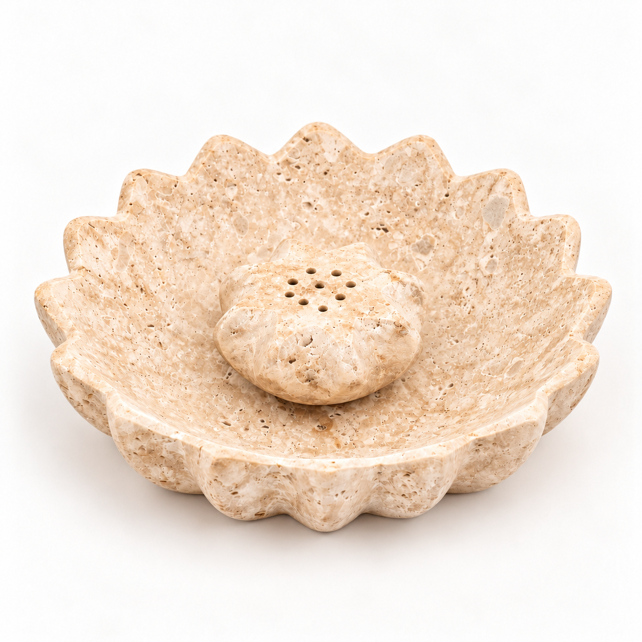Natural beige travertine lotus incense holder with scalloped flower-shaped edges, a central multi-hole incense holder and detailed porous stone texture on a clean white background.