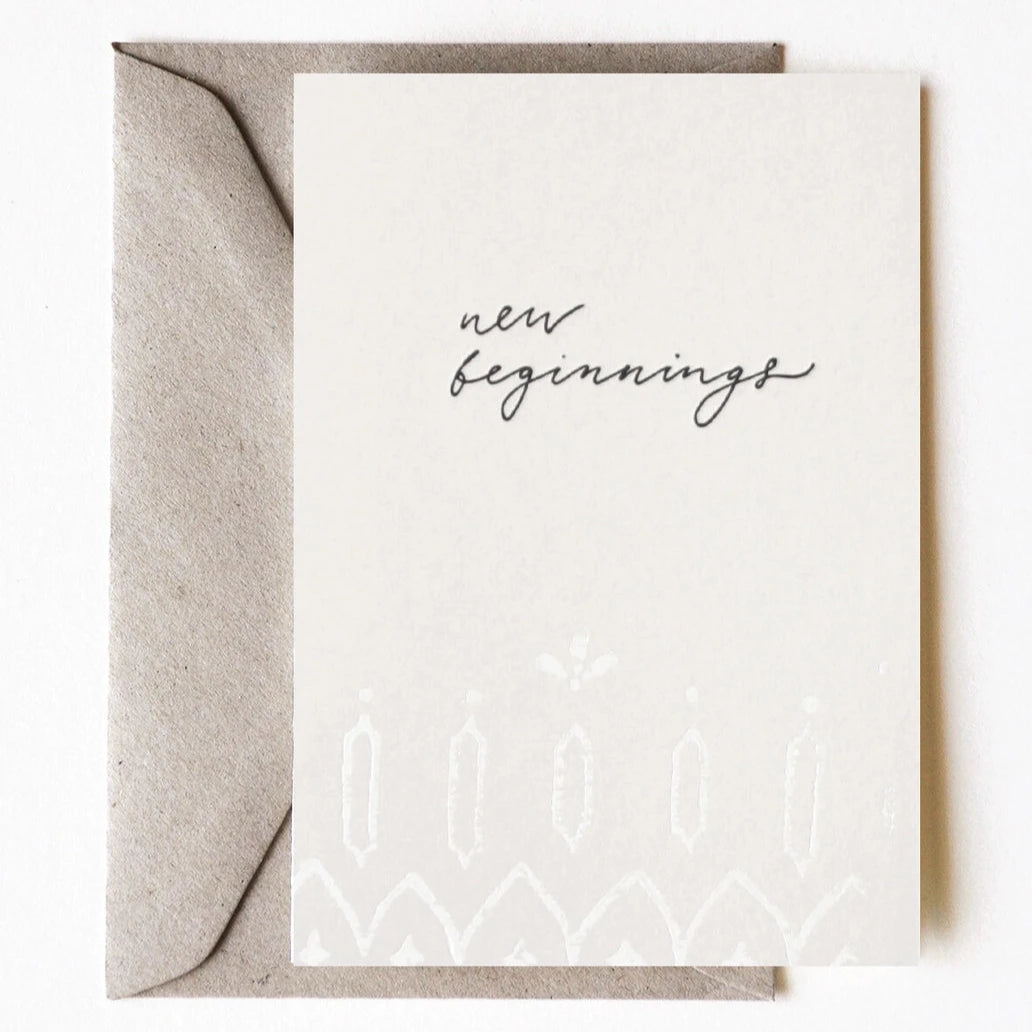 New Beginnings greeting card with hand block printed design and recycled envelope