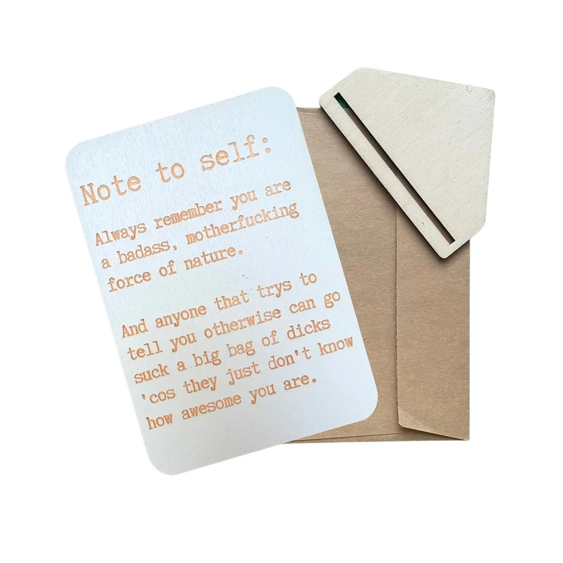 Note to Self wooden greeting card with cheeky empowering quote, handmade in Sydney from ethically sourced FSC certified plywood.