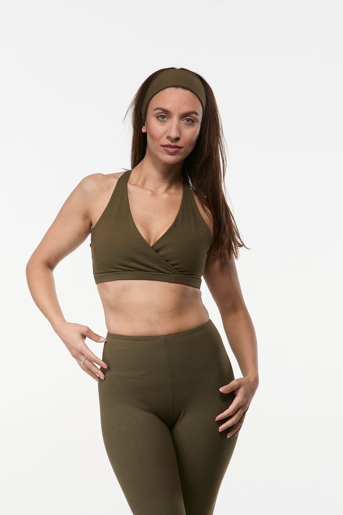 Khaki Green cotton yoga sports bra with feminine wrap front and supportive coverage
