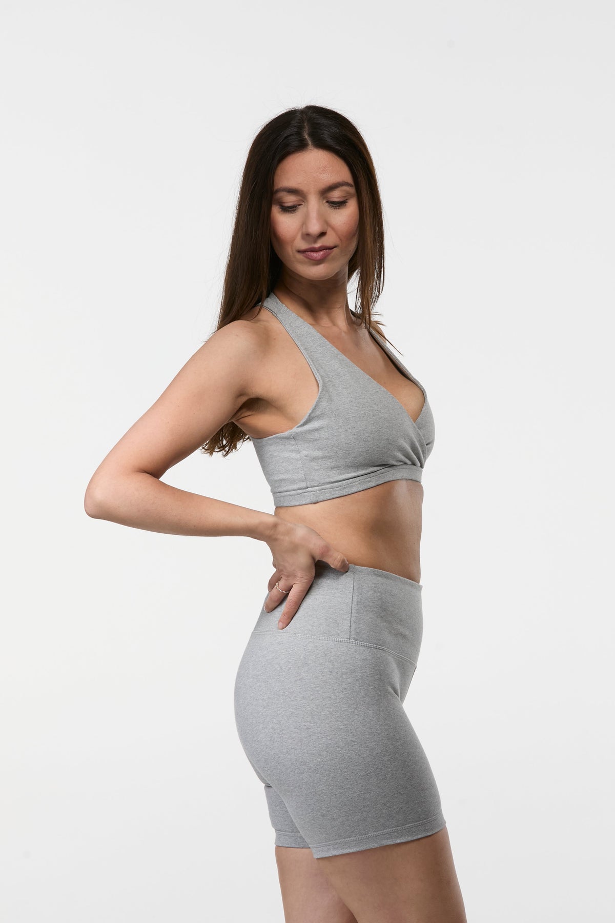 Grey organic cotton yoga bra with supportive fit and breathable fabric
