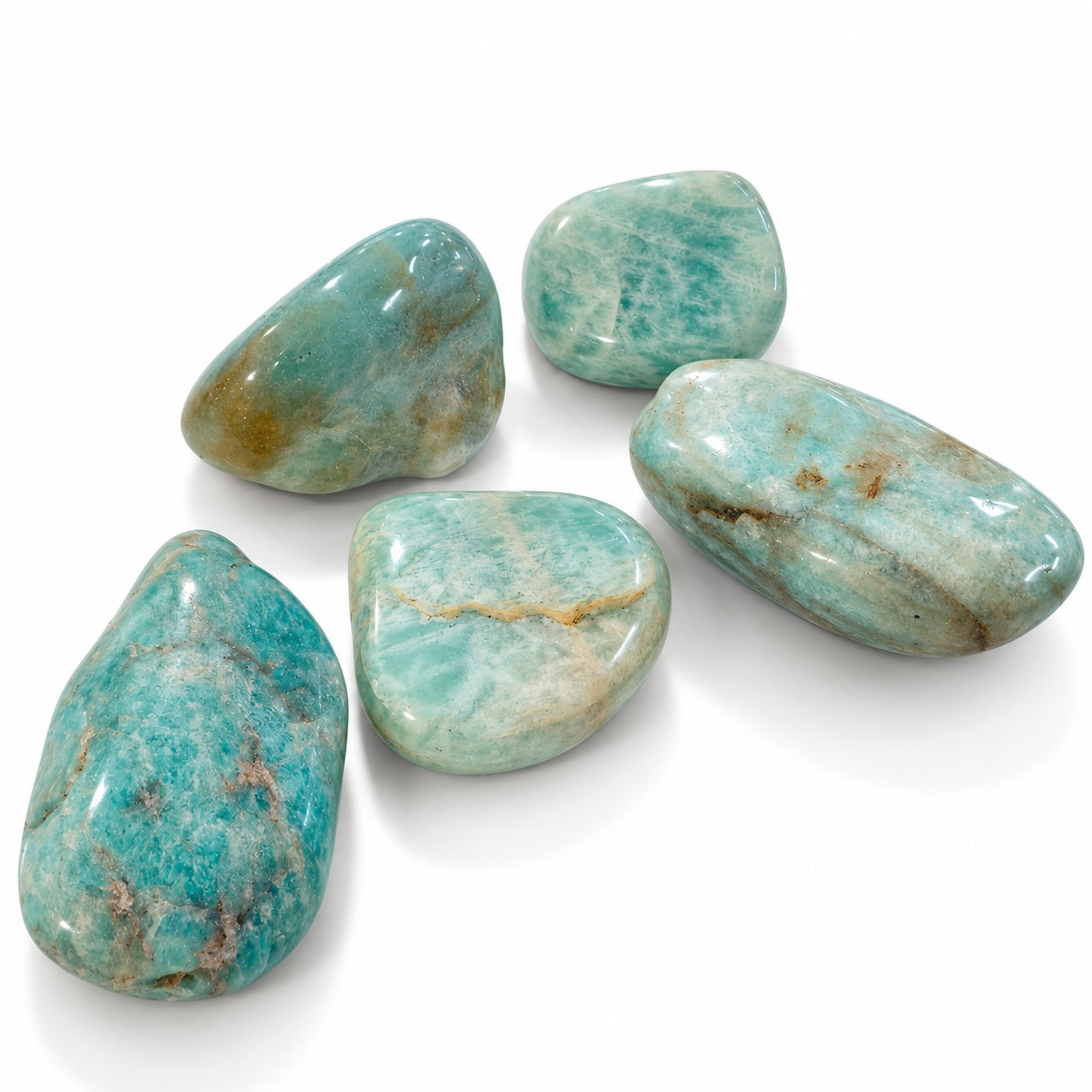 Polished Amazonite tumble stone with natural green and blue markings.