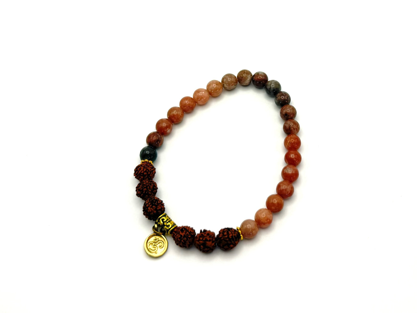 Handmade rose jasper mala bead bracelet with gold plated discs and AUM charm, 6 mm gemstones on elastic.