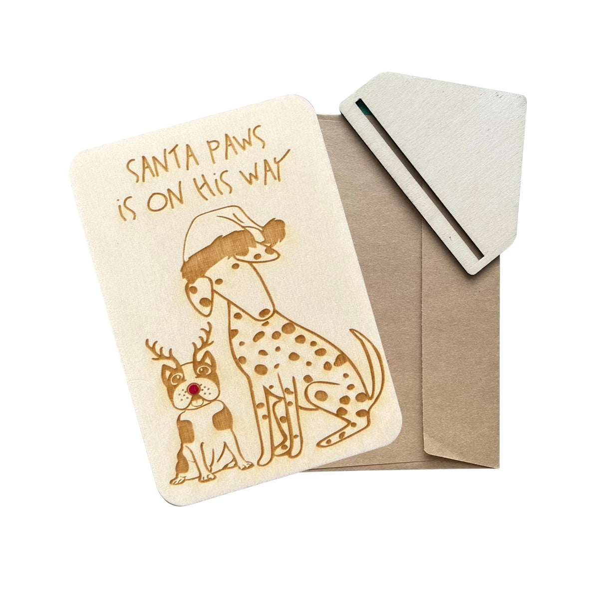 Christmas Santa Paws wooden greeting card with festive dog design handmade in Australia