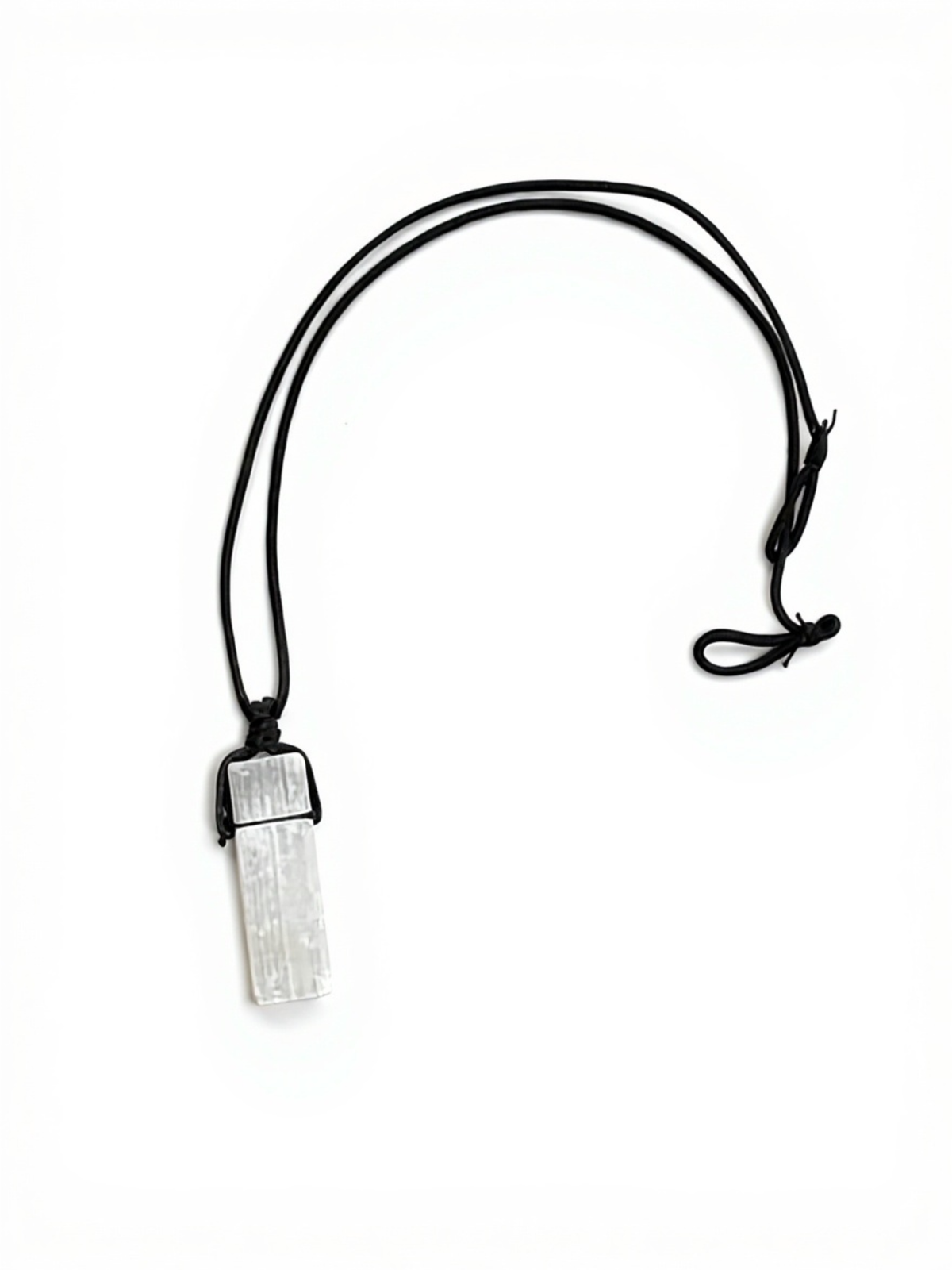 Raw selenite crystal necklace on black cord for clarity and energy cleansing