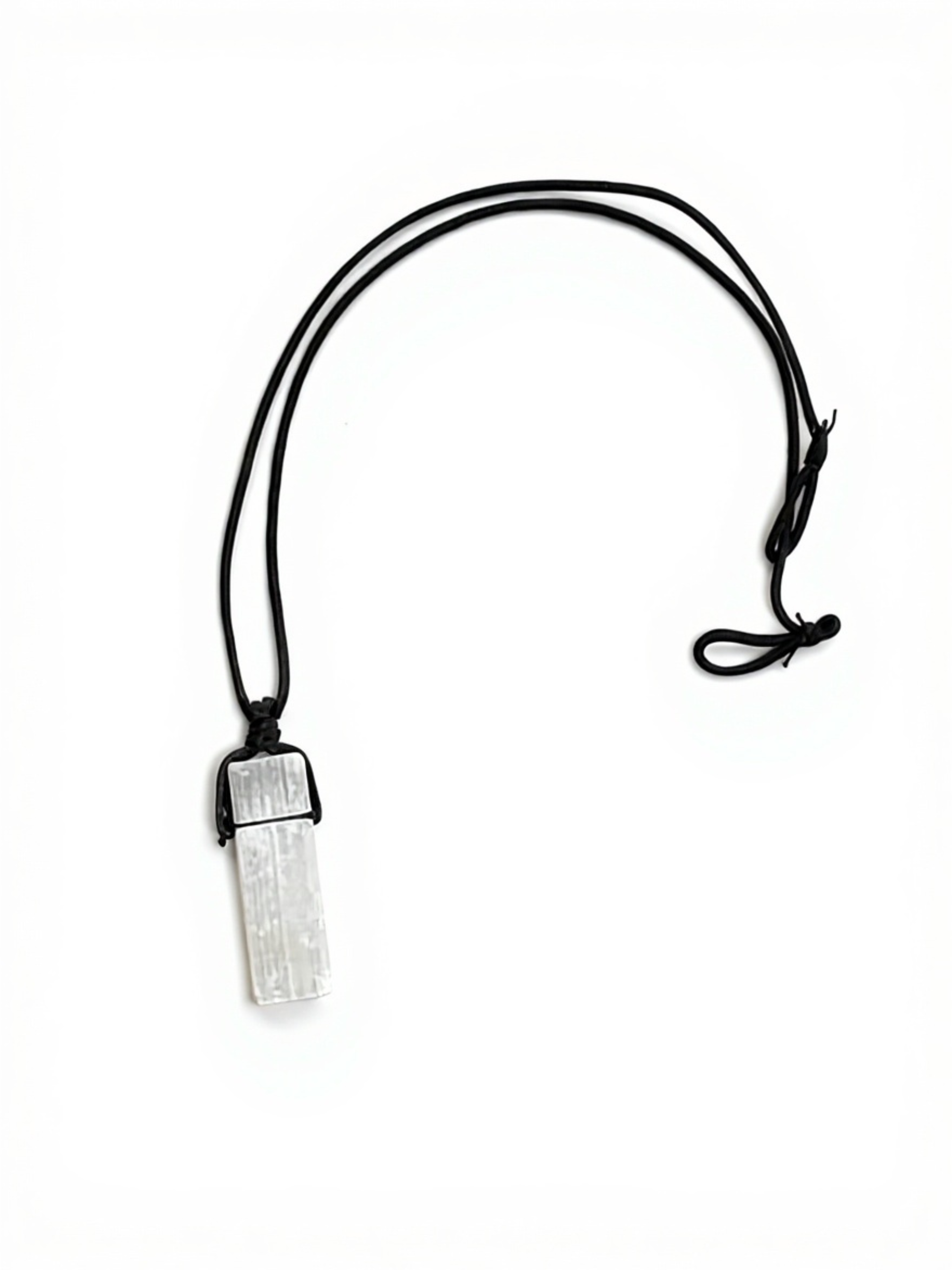 Raw selenite crystal necklace on black cord for clarity and energy cleansing