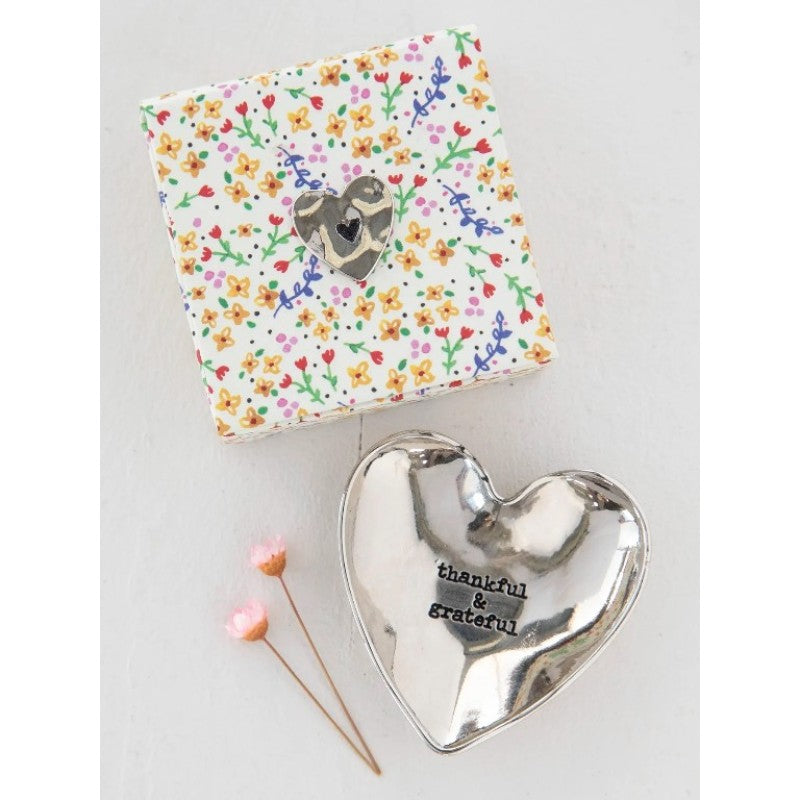 Heart shaped silver trinket bowl with thankful and grateful message presented in floral gift box