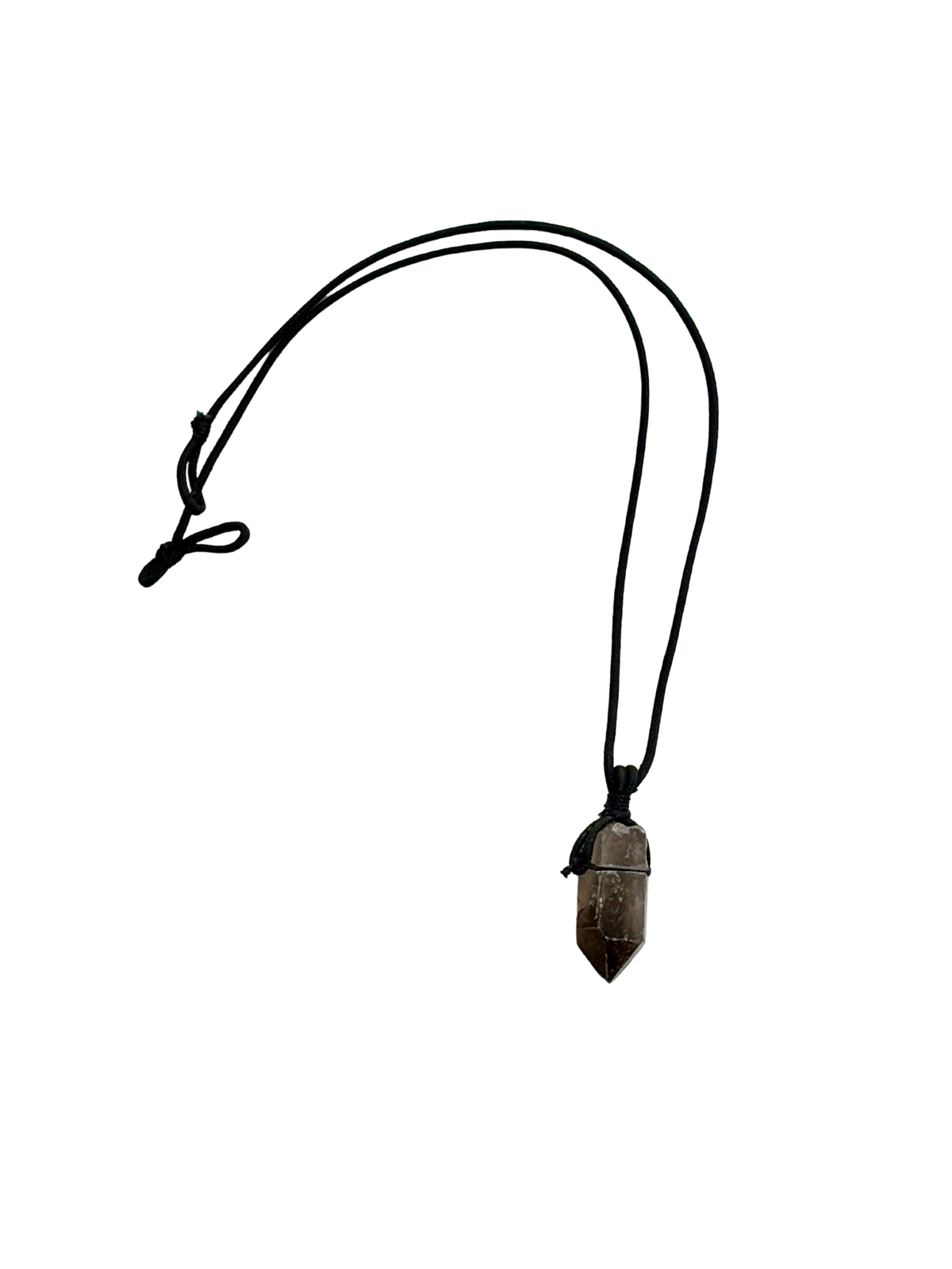 Raw Smokey Quartz crystal necklace on black cord for grounding and protection
