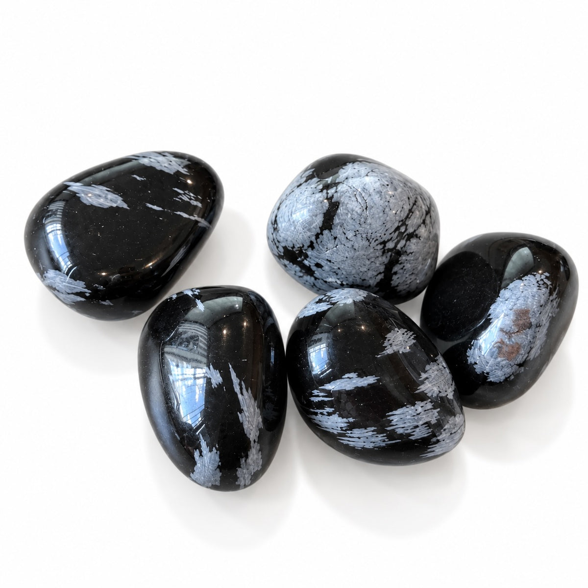 Snowflake Obsidian crystal stone with white or grey snowflake patterns.