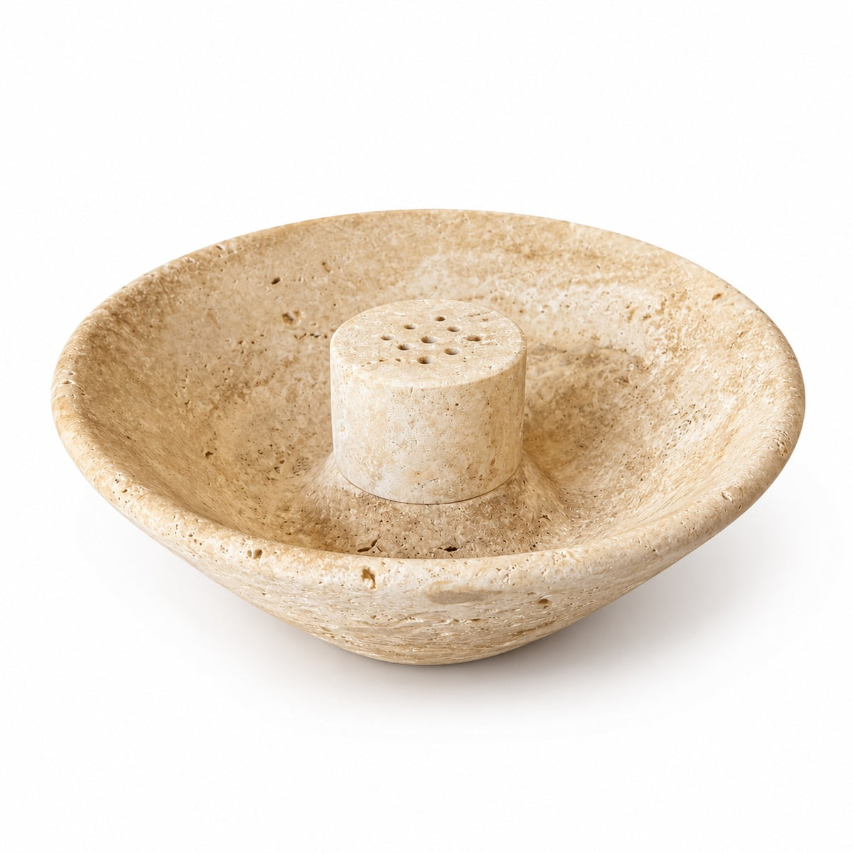 Natural beige travertine Ritual Stone Incense Holder with a shallow round bowl and central cylindrical holder with multiple incense holes.