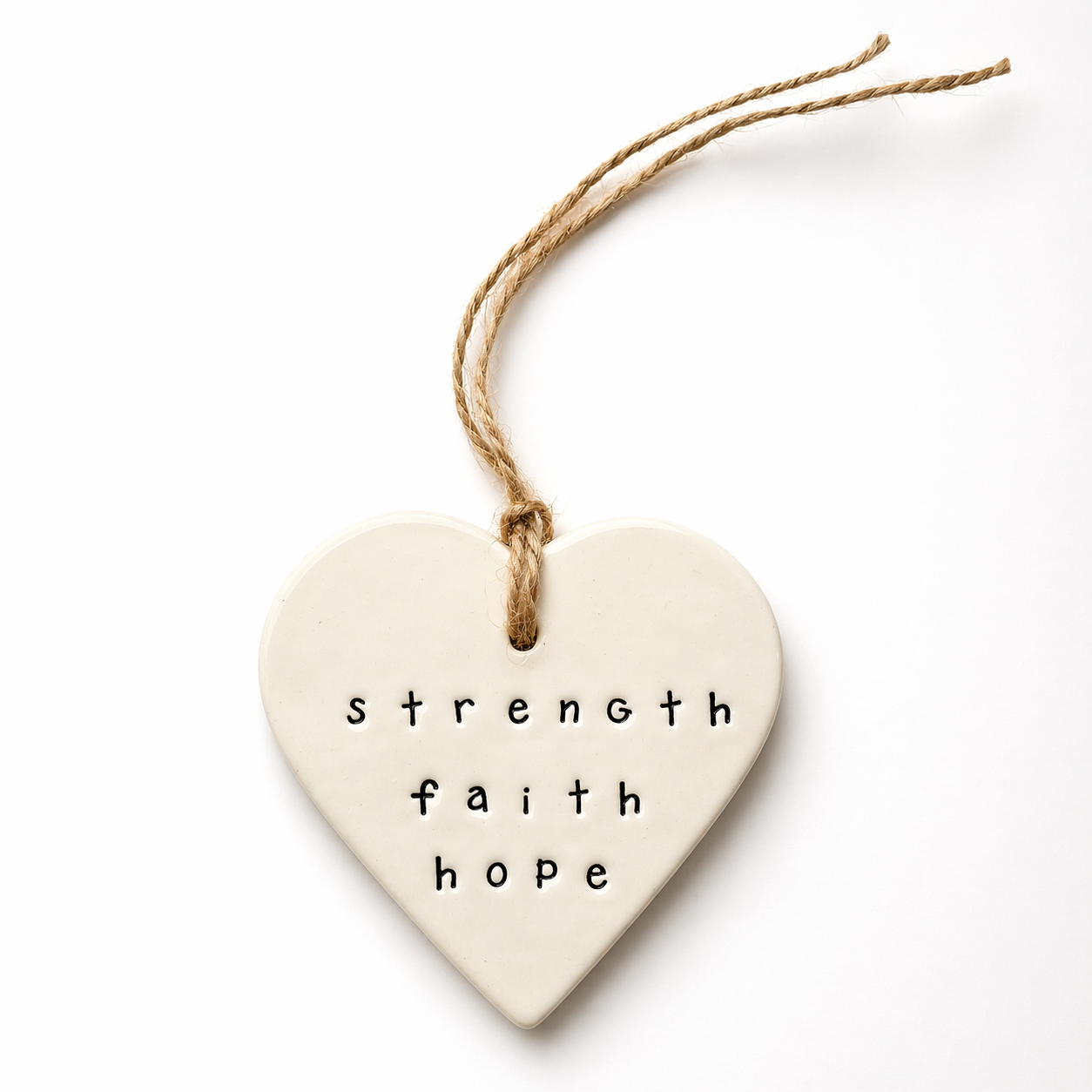 Handmade white ceramic heart tag with strength faith hope wording and natural jute hanging twine