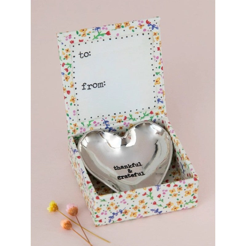 silver heart shaped  trinket bowl with stamped thankful and grateful message 