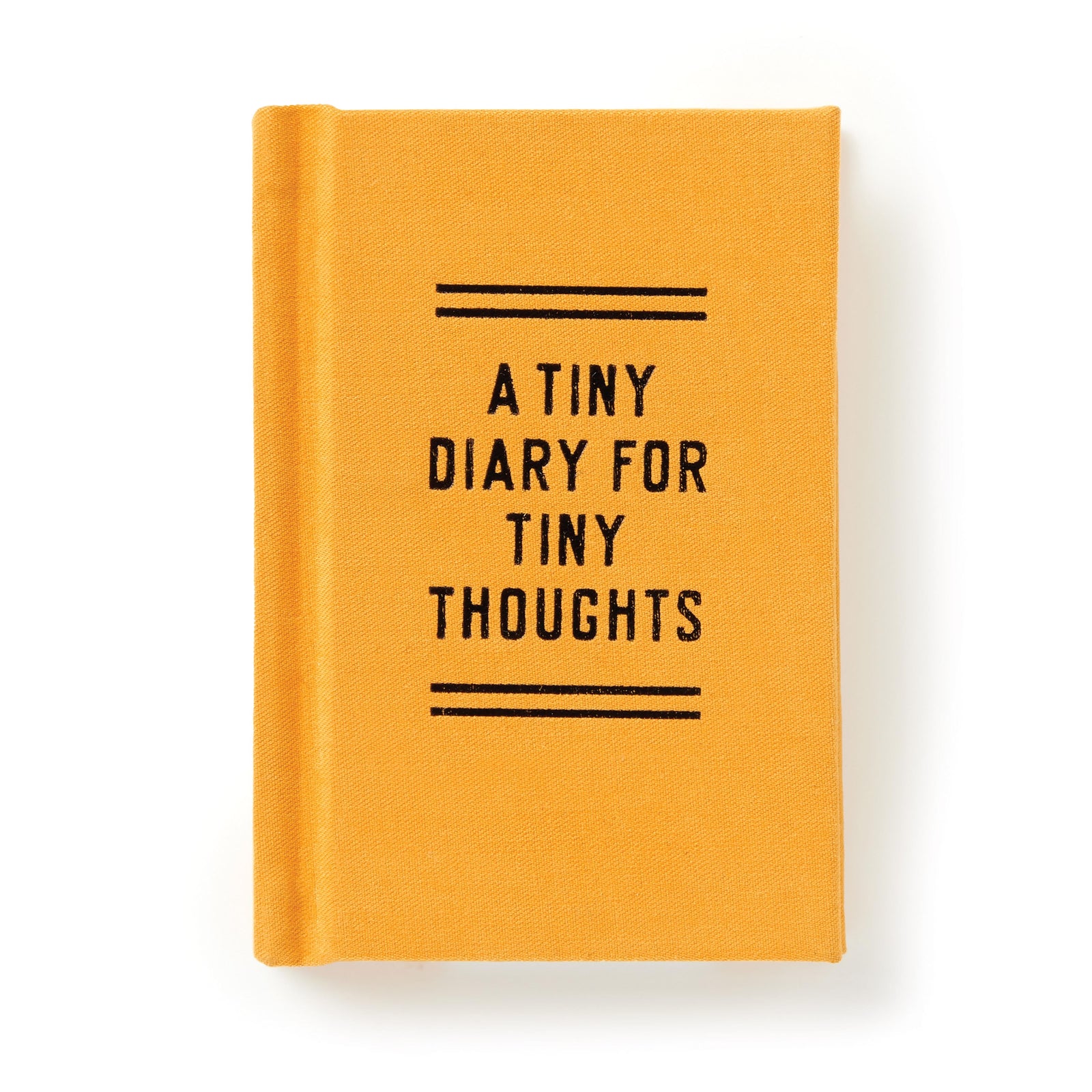 Yellow felt-covered mini diary with black text reading “A Tiny Diary for Tiny Thoughts” on white background