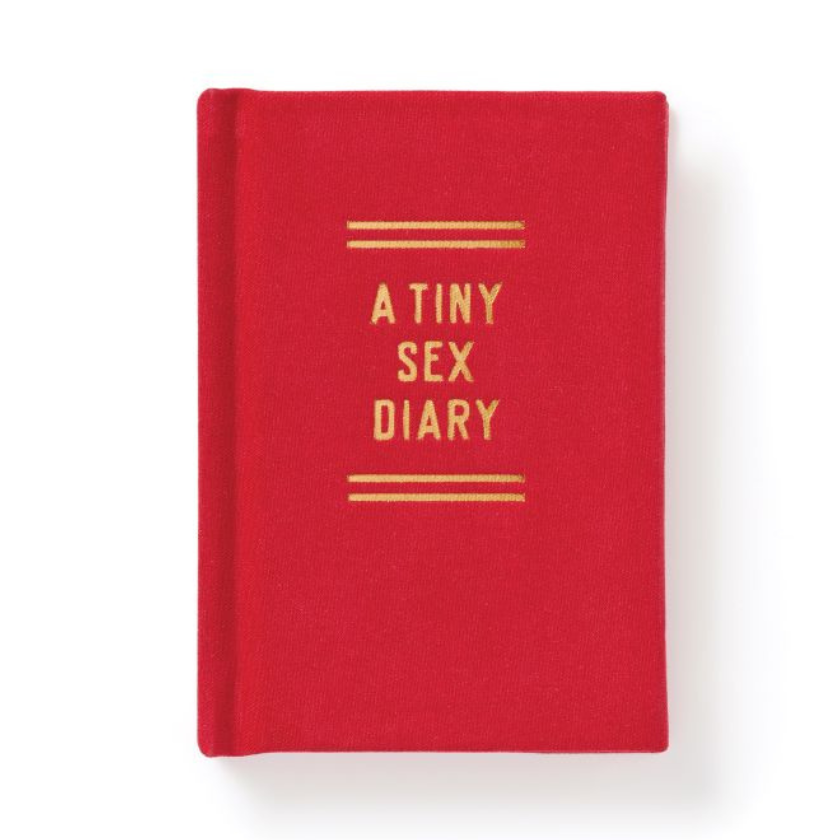 Red felt mini diary with gold text reading “A Tiny Sex Diary” on white background