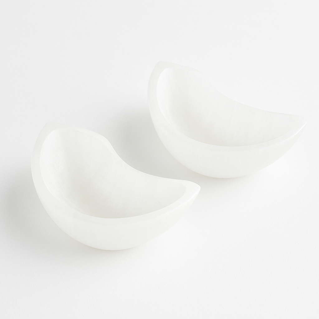 Two Mini Crescent moon selenite charging bowl on altar
