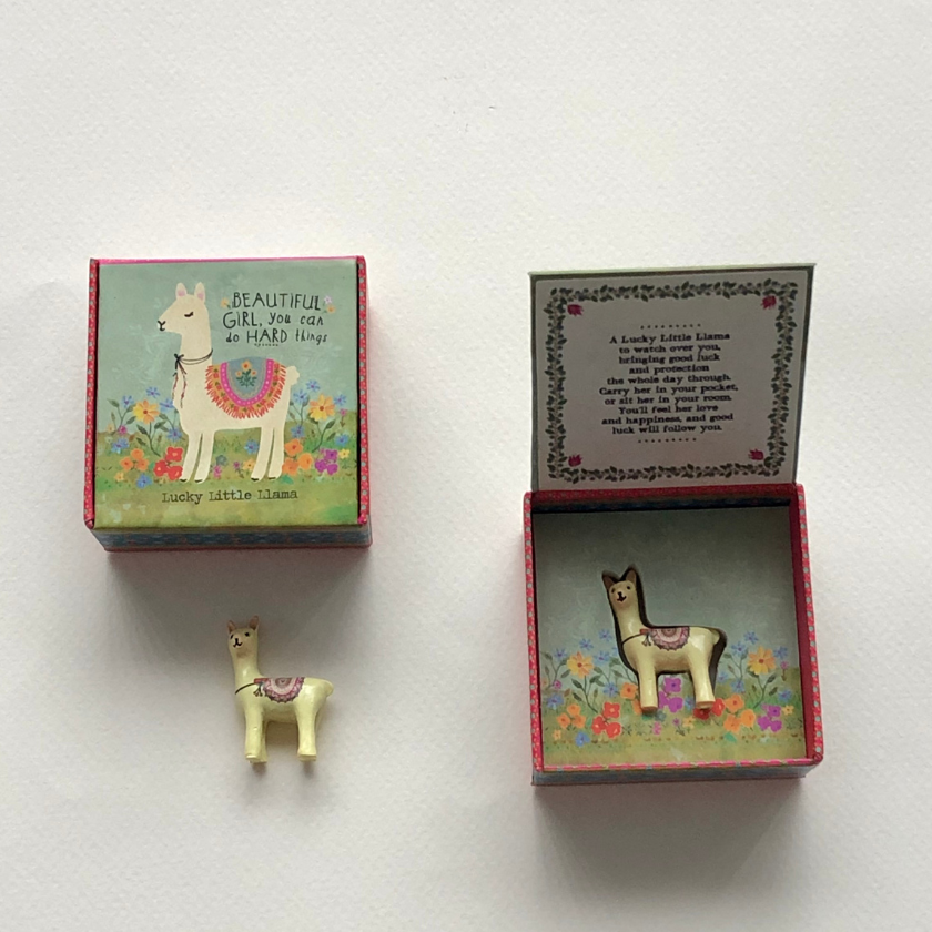 Lucky Little Llama charm in floral gift box with mini resin llama figurine — a mindful good luck gift from Luna &amp; Soul.