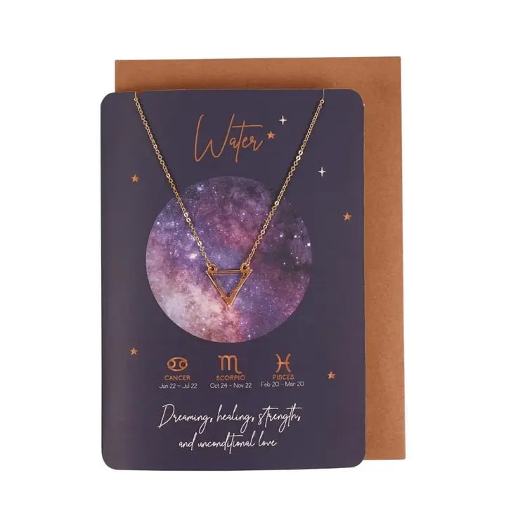 Water sign necklace for Cancer, Scorpio, and Pisces on matching astrology greeting card with envelope
