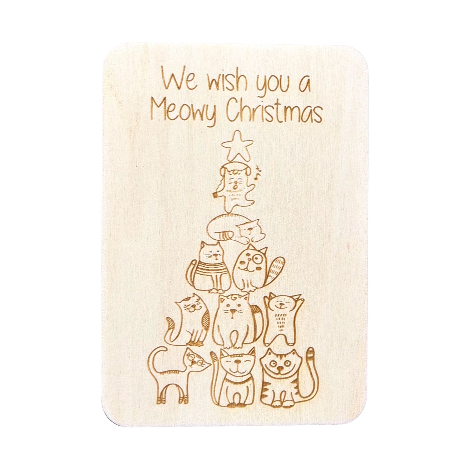 Send joy with our Meowy Christmas Wooden Greeting Card. Handcrafted in Australia from sustainable ply wood and designed to be displayed year after year.
