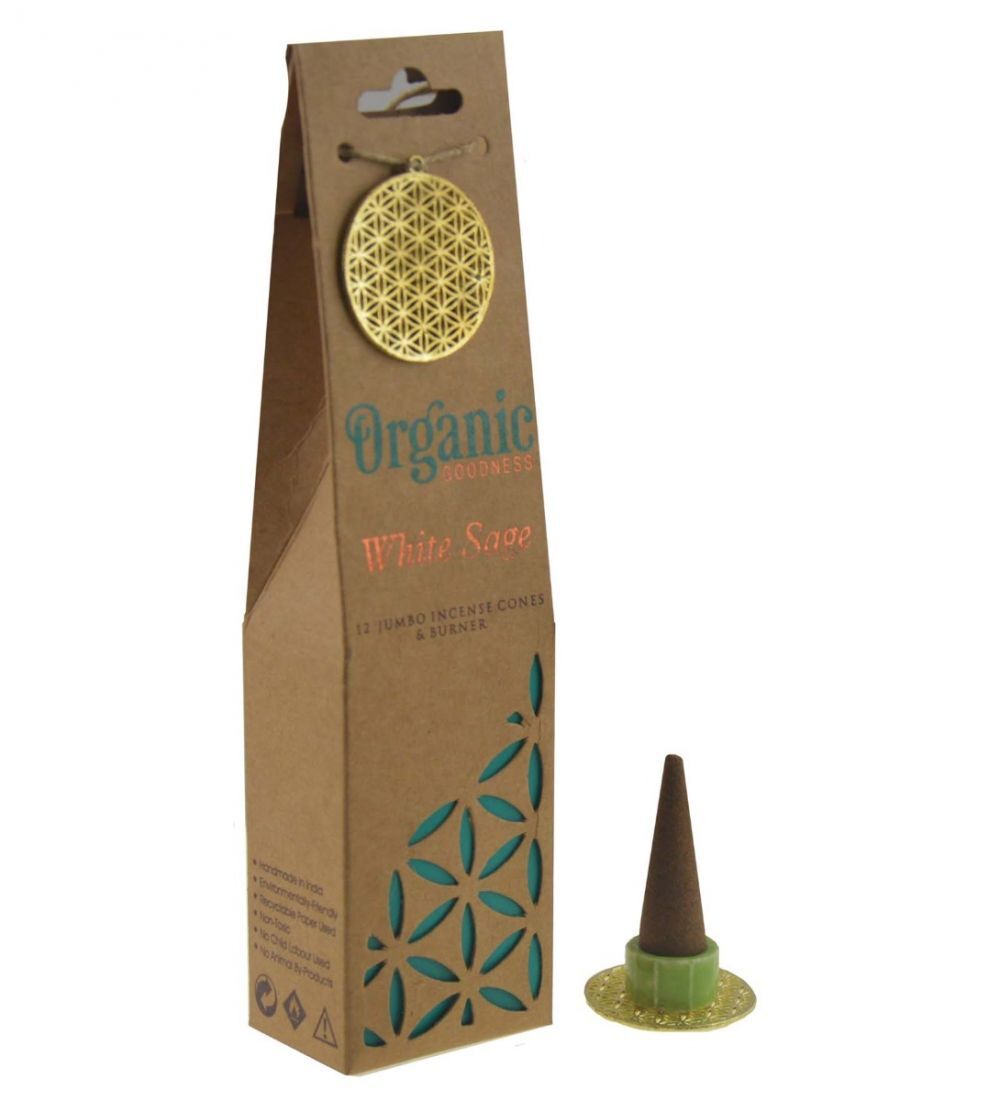 Organic Goodness White Sage incense cones with holder for meditation and cleansing
