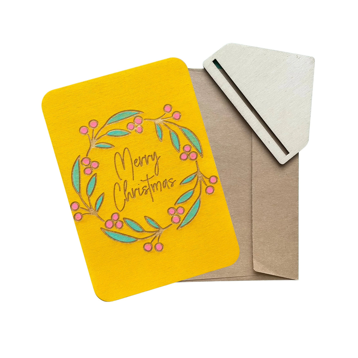 Merry Christmas Wreath wooden greeting card handmade with envelope and wooden stand