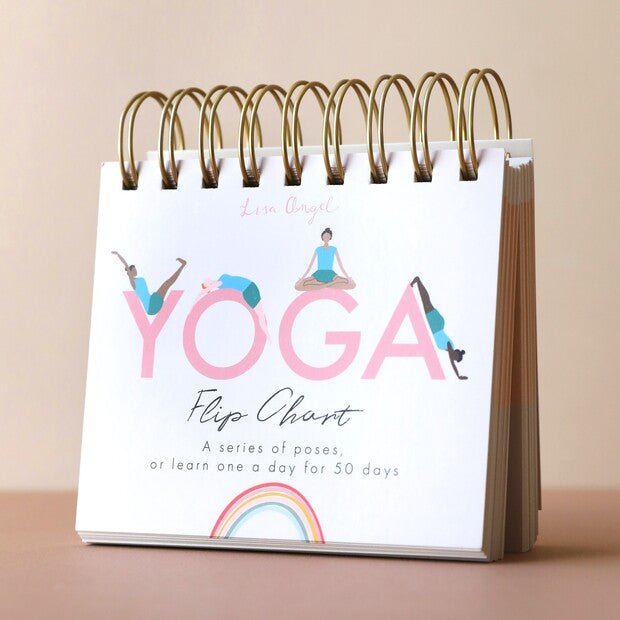 Yoga flip chart with 50 illustrated yoga poses on a spiral stand