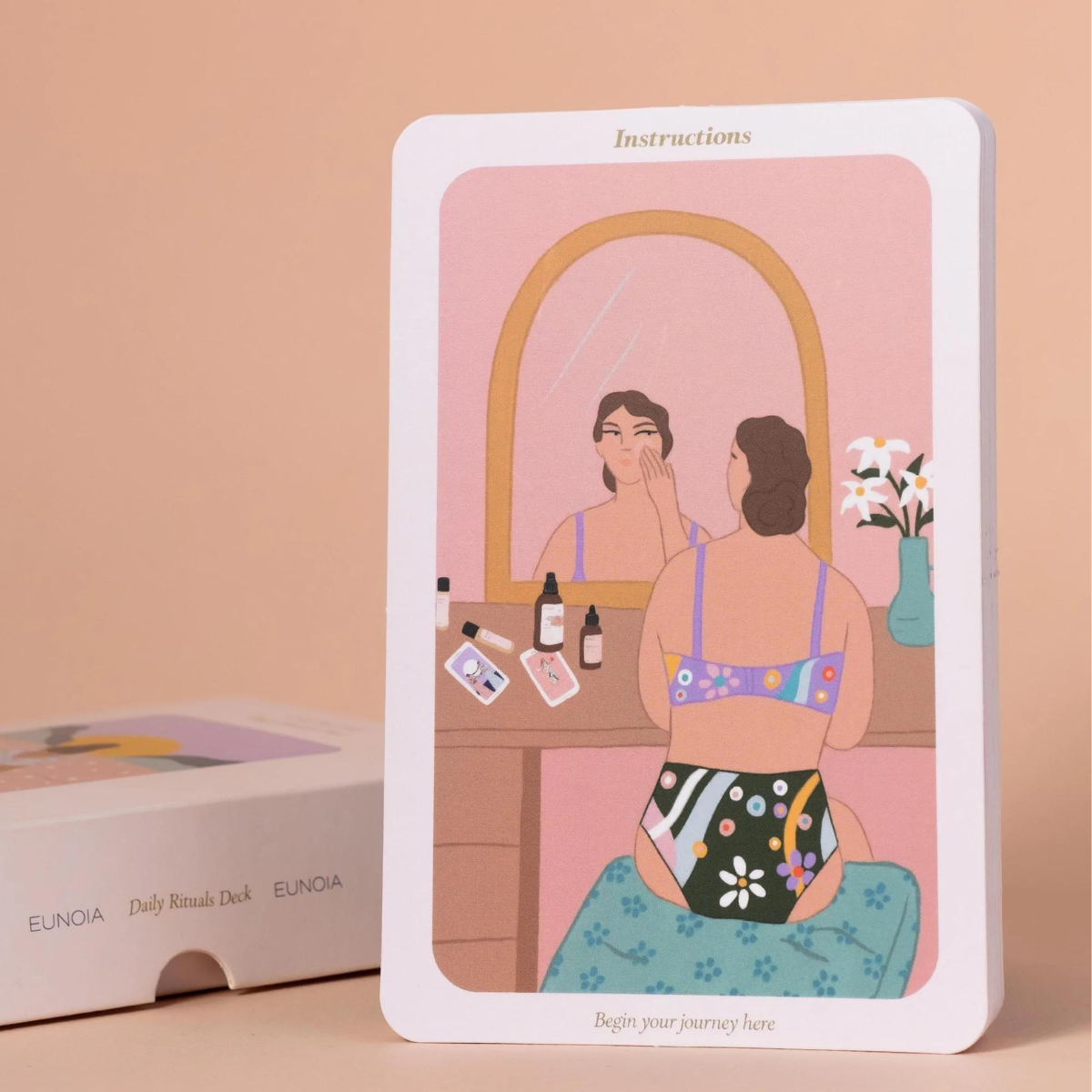 Daily Rituals Oracle card featuring goddess illustration at a vanity mirror from the mindful affirmation deck by Eunoia at Luna and Soul